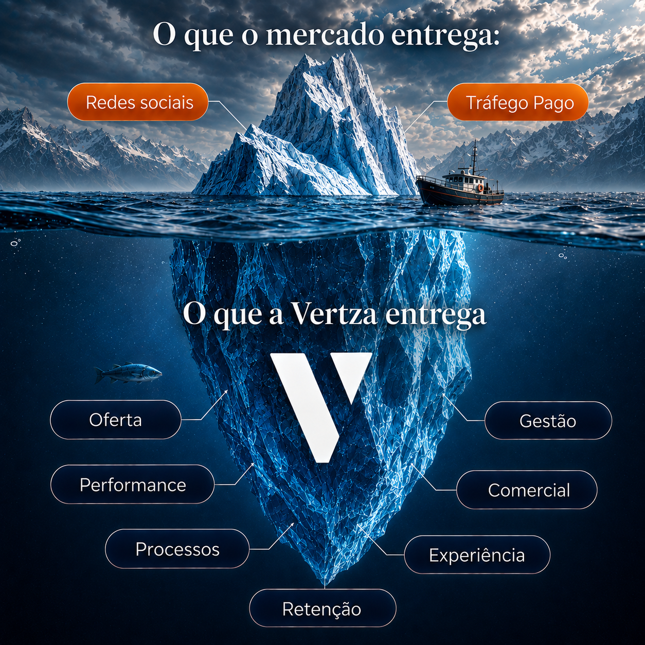 Iceberg Vertza mostrando o que o mercado entrega e o que a Vertza estrutura